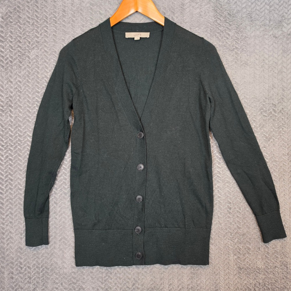 LOFT Womens Forest Green Wool Blend V-Neck Button Front Cardigan Sweater Small
